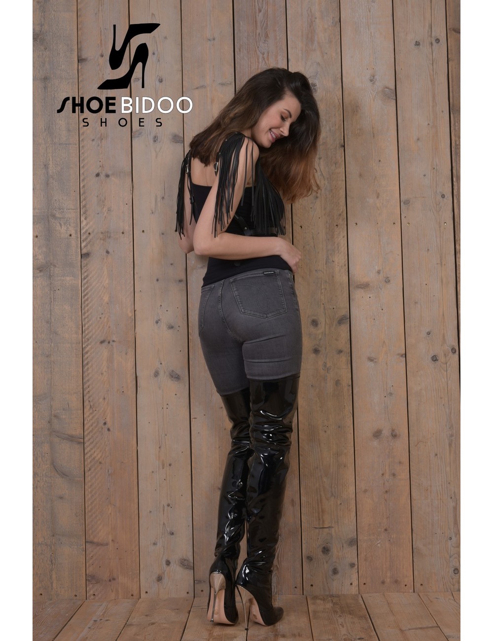 Giaro Black patent thigh boots with ultra high silver metal heels OUTLET