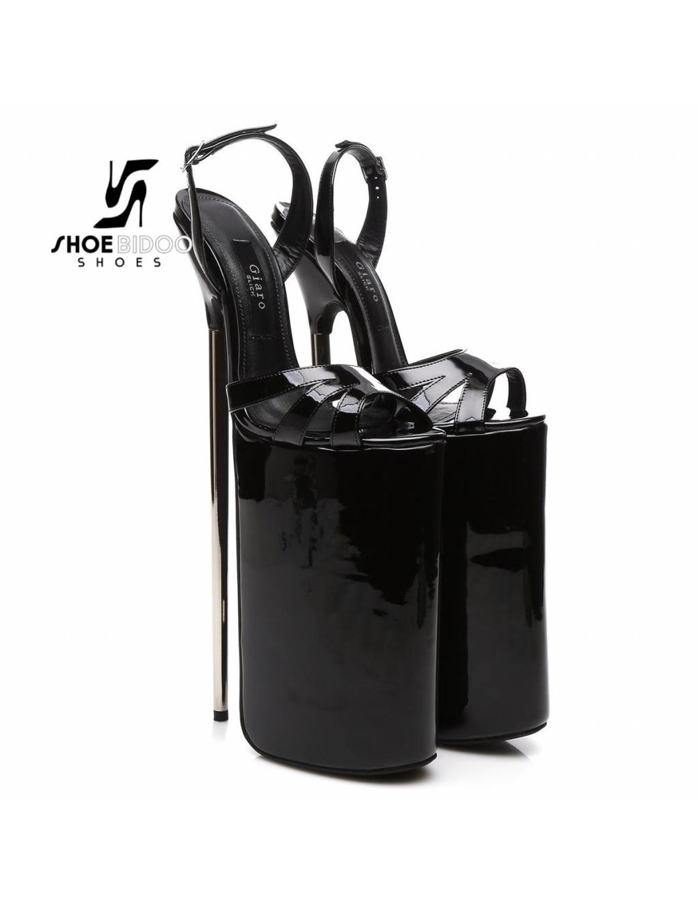 Giaro Black patent fetish monster sandals with ultra high silver metal heels