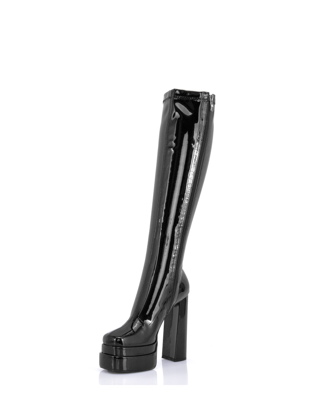SEVERINE PLATFORM KNEE BOOTS | BLACK SHINY CHUNKY HEELS