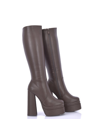 Stephan Vegan Severine platform chunky heel knee boots brown