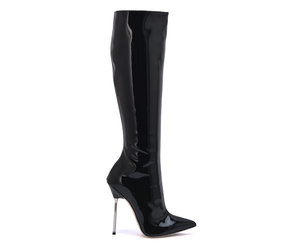 Knee high boots with 12cm heels in real patent leather and metal heel ...