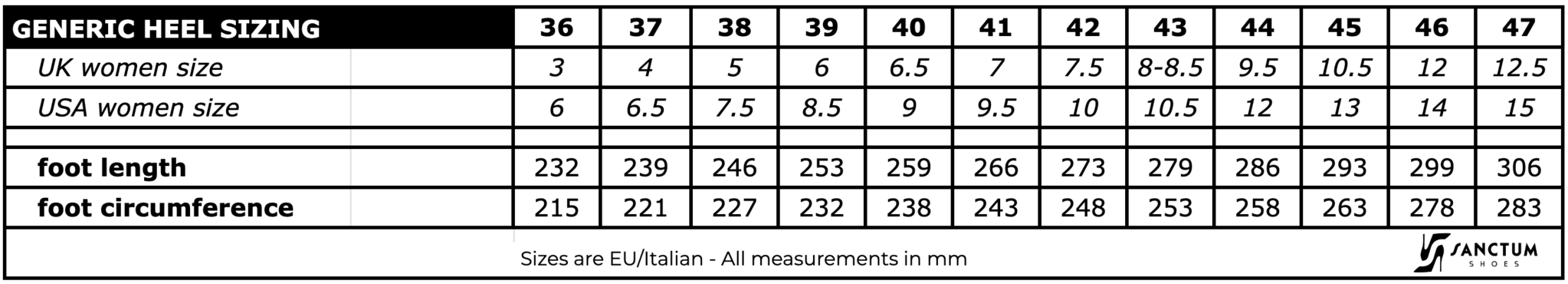 Shoe sizes for all models - Shoebidoo Shoes