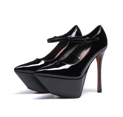 Womans Black Patent Leather Shoes On High Heels Front View Stock