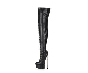 Black Giaro high metal heeled fetish lace up thigh boots - Shoebidoo ...