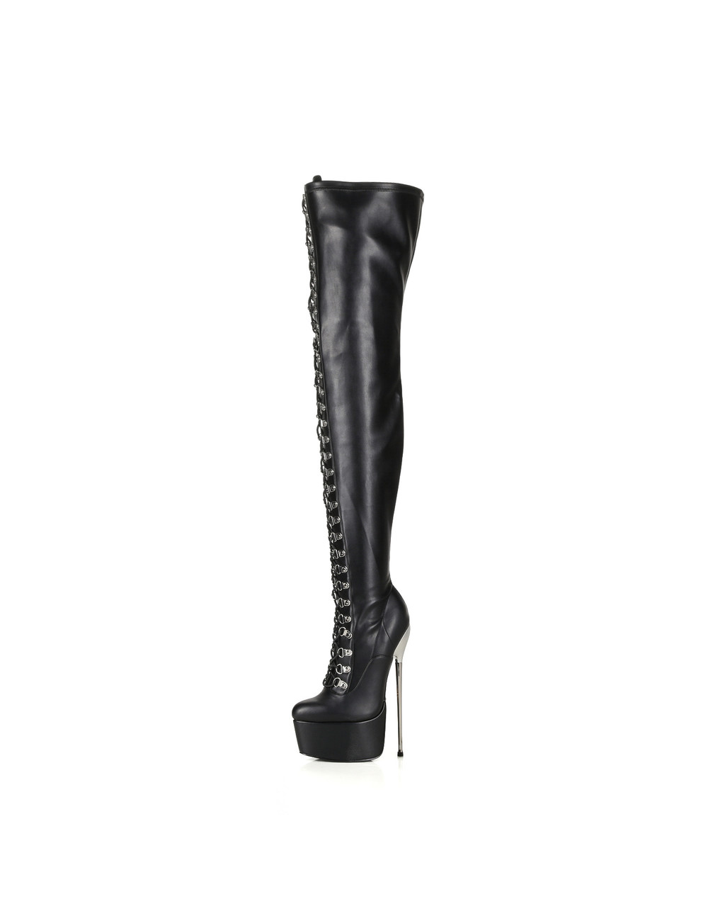 SLICK Black platform patent thigh boots with ultra high gold metal heels