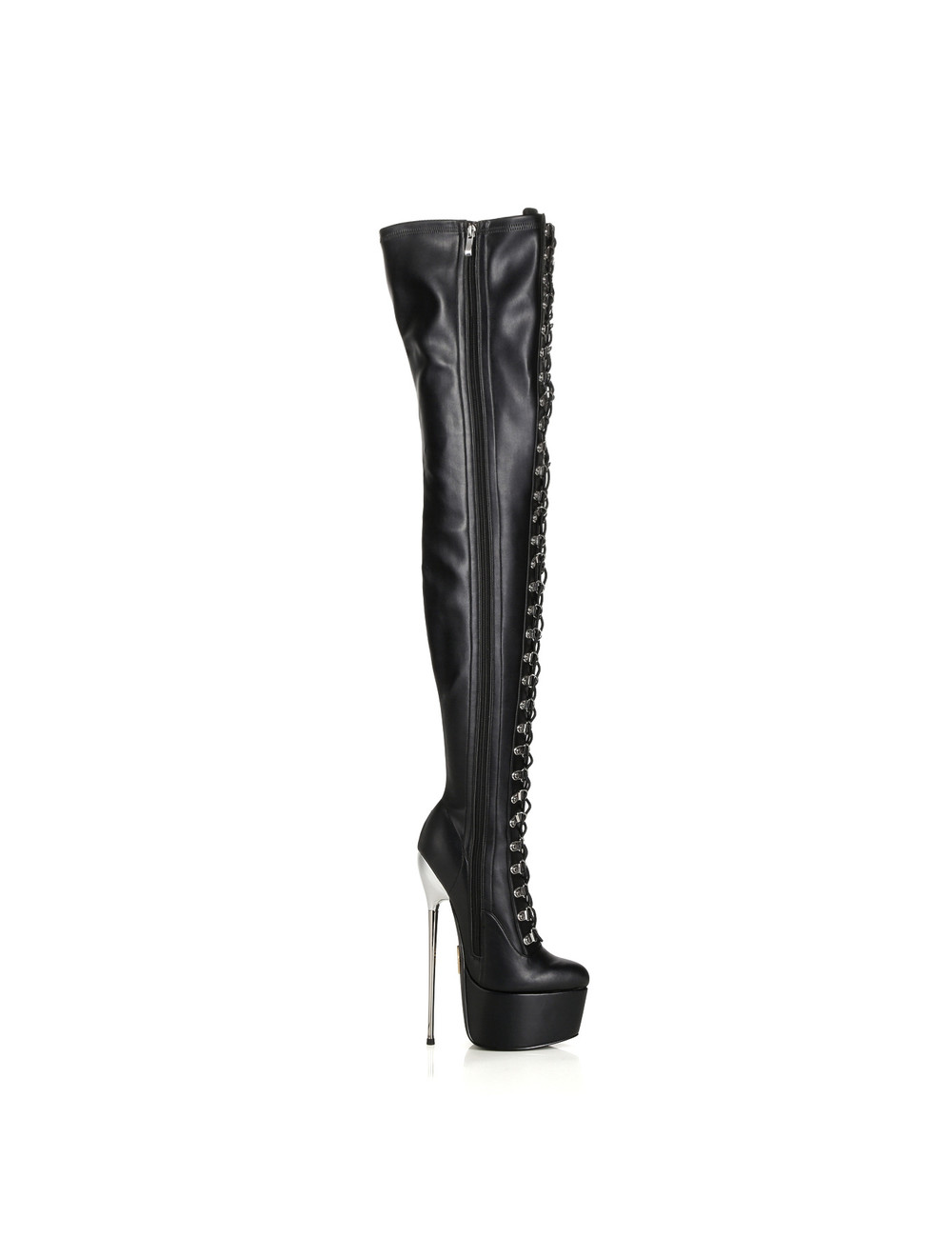 SLICK Black platform patent thigh boots with ultra high gold metal heels