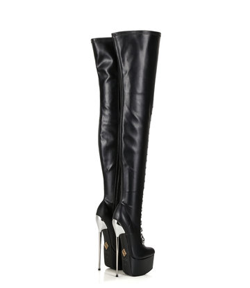 SLICK Black platform patent thigh boots with ultra high gold metal heels