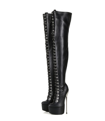 SLICK Black platform patent thigh boots with ultra high gold metal heels