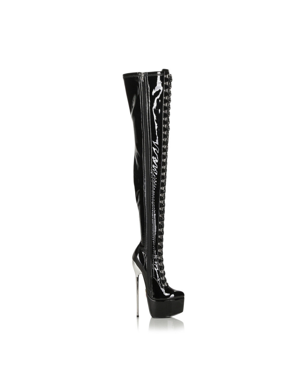 SLICK Black platform patent thigh boots with ultra high gold metal heels