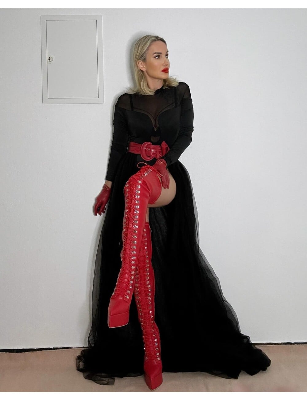 Sanctum Shoes Gabriela in the stunning Secretz red matte fetish thigh boots