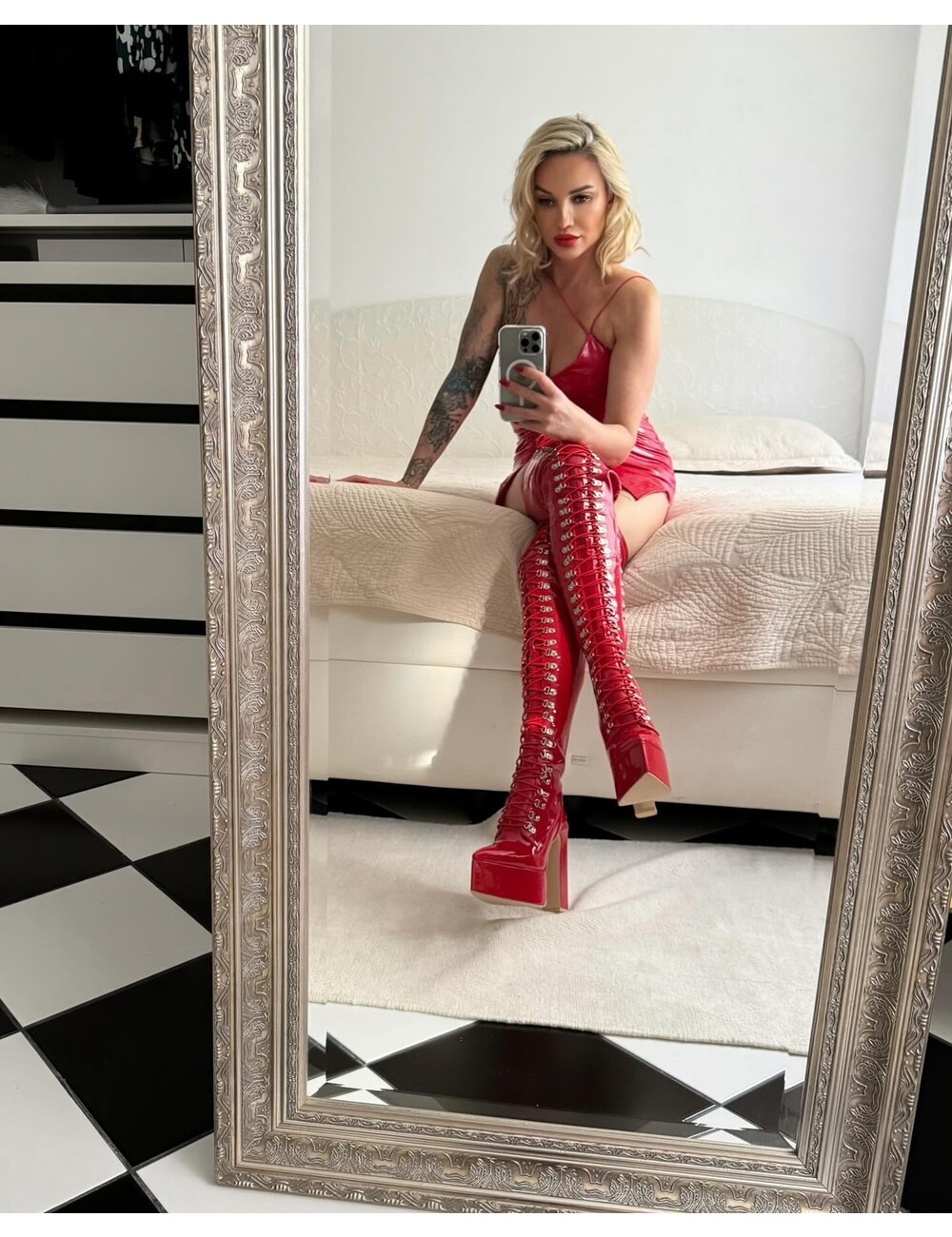 Sanctum Shoes Gabriela in our hot red shiny lace-up boots