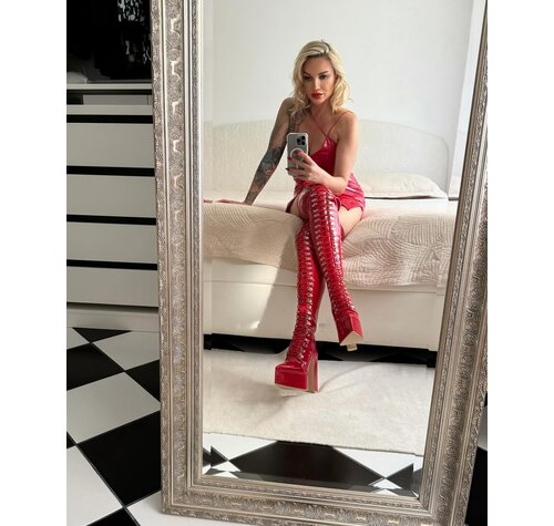 Sanctum Shoes Gabriela in our hot red shiny lace-up boots