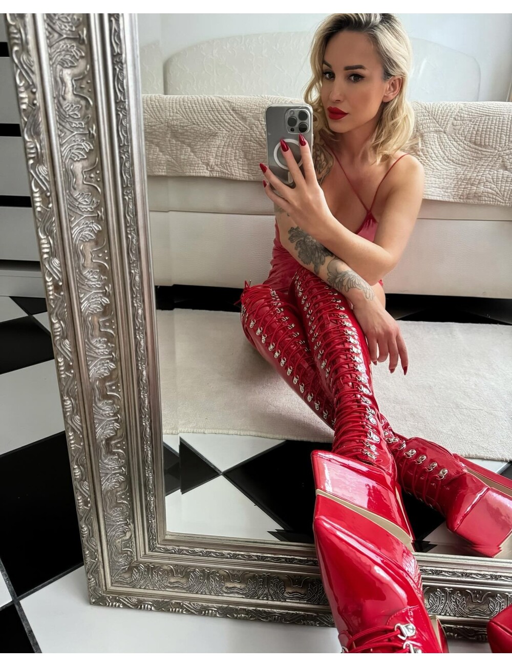 Sanctum Shoes Gabriela in our hot red shiny lace-up boots