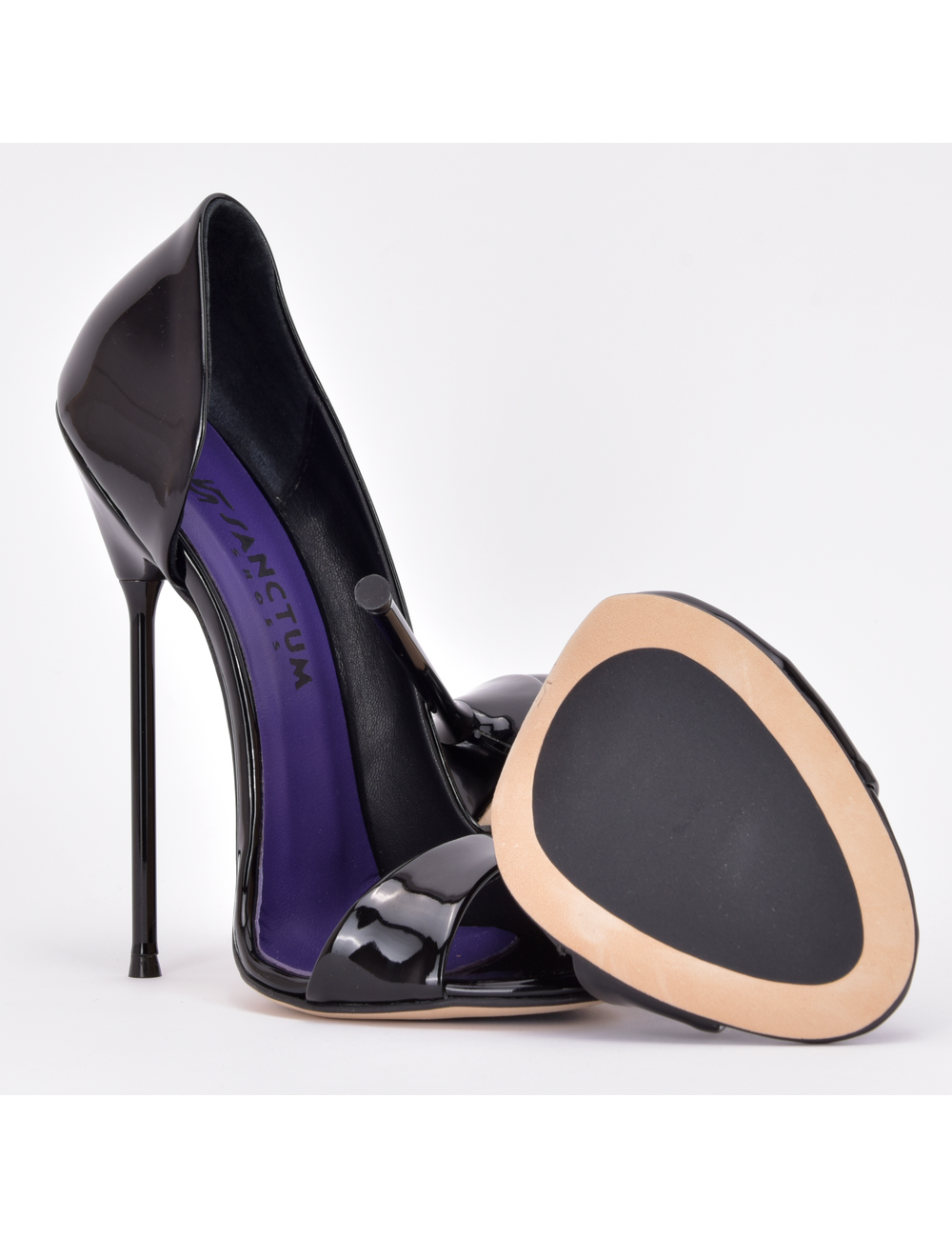 Sanctum Italian sandals MONICA black shiny with metal heels with purple inlay