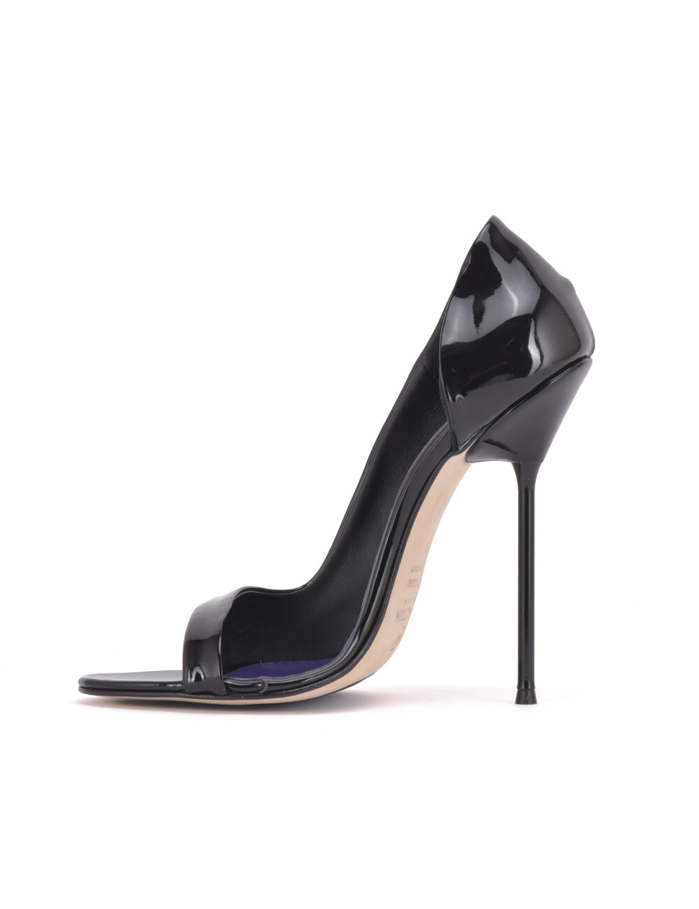 Sanctum Shoes Italian sandals MONICA-12 black shiny with metal heels and purple inlay