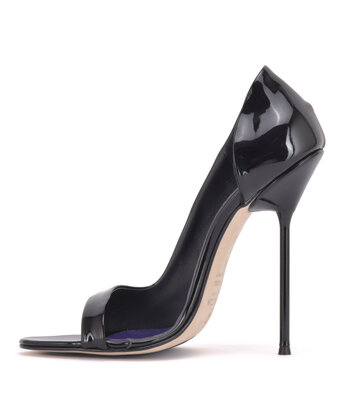 Sanctum Shoes Italian sandals MONICA-12 black shiny with metal heels and purple inlay