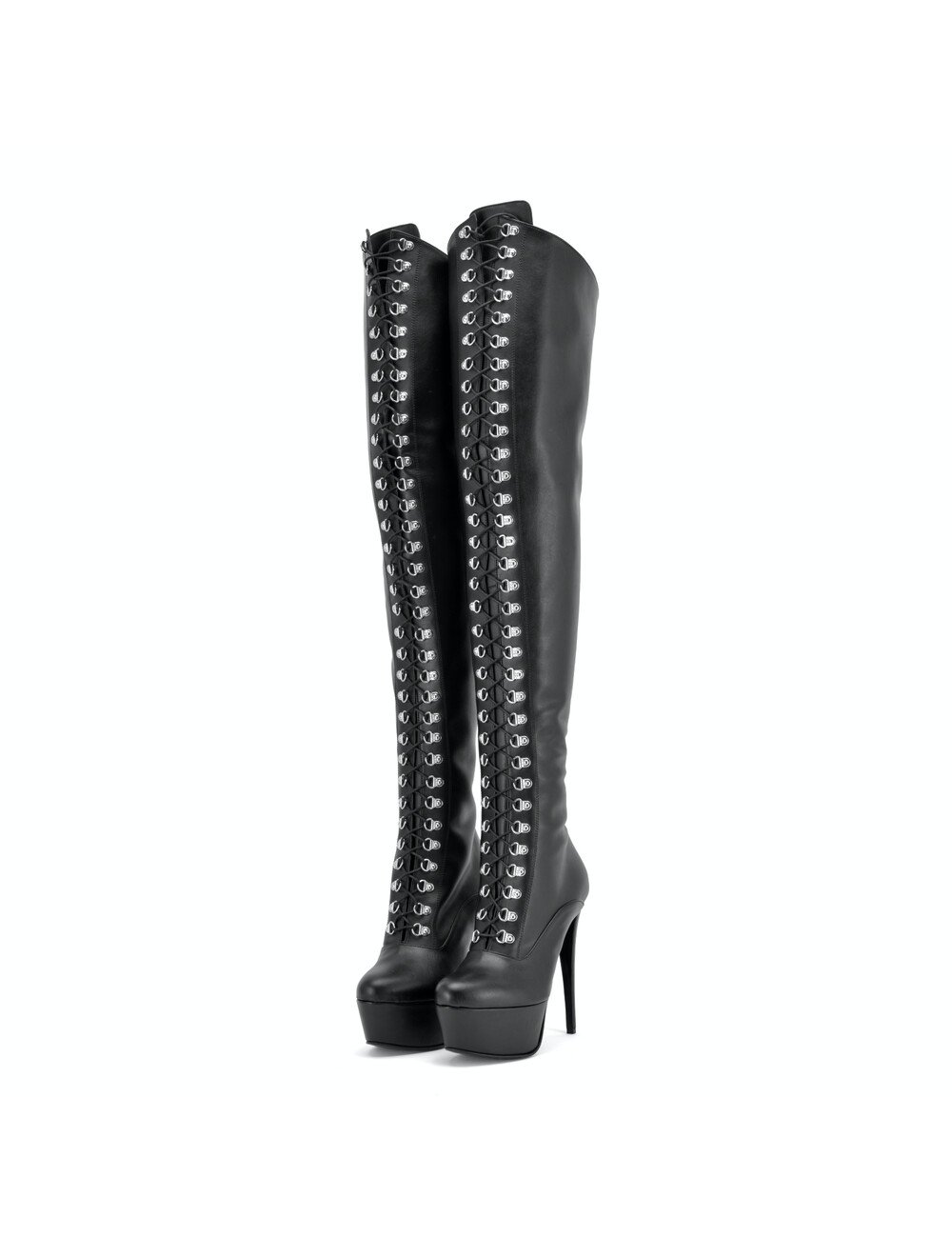 Sanctum Synthetic Leather Sanctum Shoes NIGELLA BLACK MATTE LACE UP SYNTHETIC THIGH BOOTS