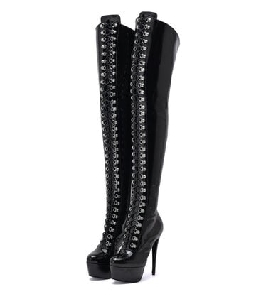 Sanctum Synthetic Leather Sanctum Shoes NIGELLA  BLACK SHINY LACE UP SYNTHETIC THIGH BOOTS