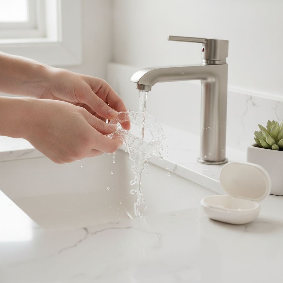 Hände spülen eine transparente Zahnschiene am Waschbecken, daneben liegt ein offenes Aufbewahrungsetui.