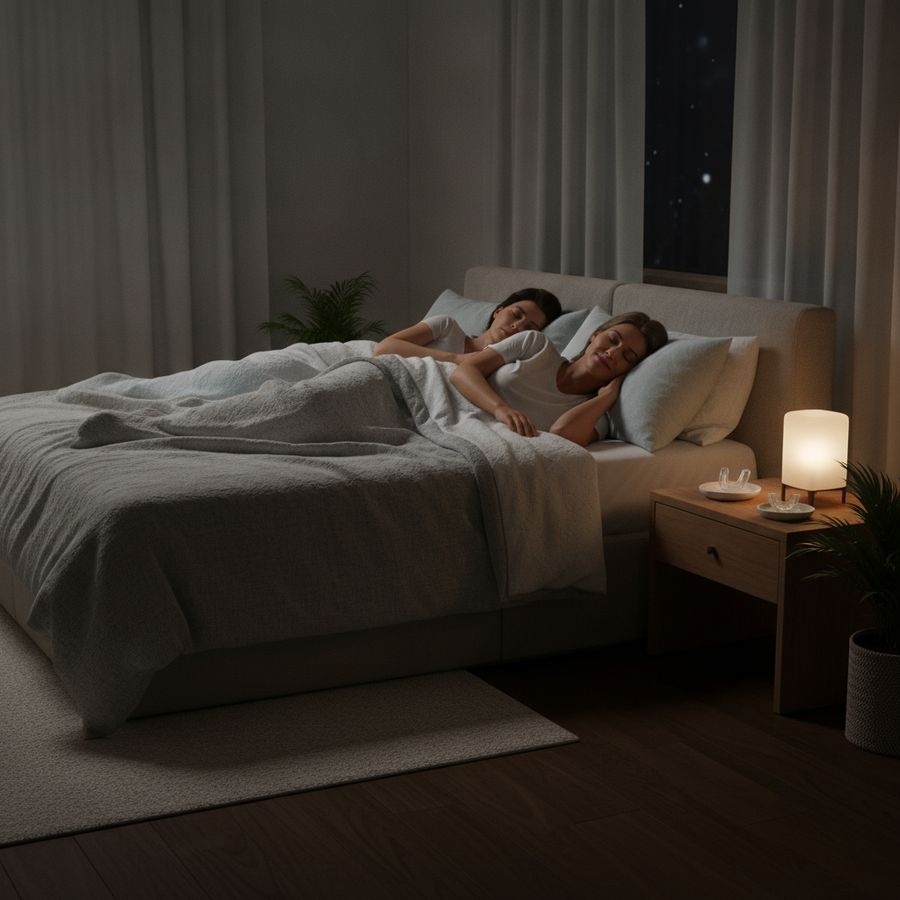 Rustige slaapkamer met een slapend stel en twee anti-snurkhulpmiddelen op het nachtkastje.