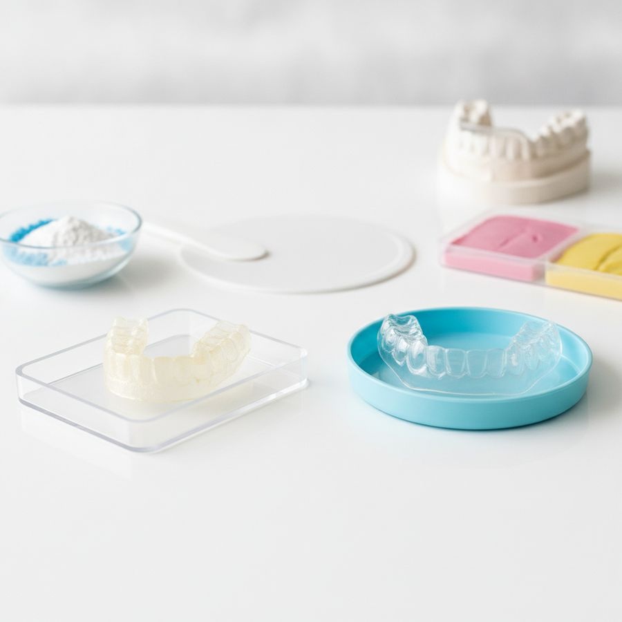 Two different dental guards displayed side by side on a clean surface with dental accessories nearby.