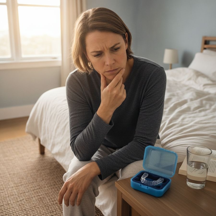 Adult sitting on a bed holding their jaw with a dental guard in a case on the bedside table.