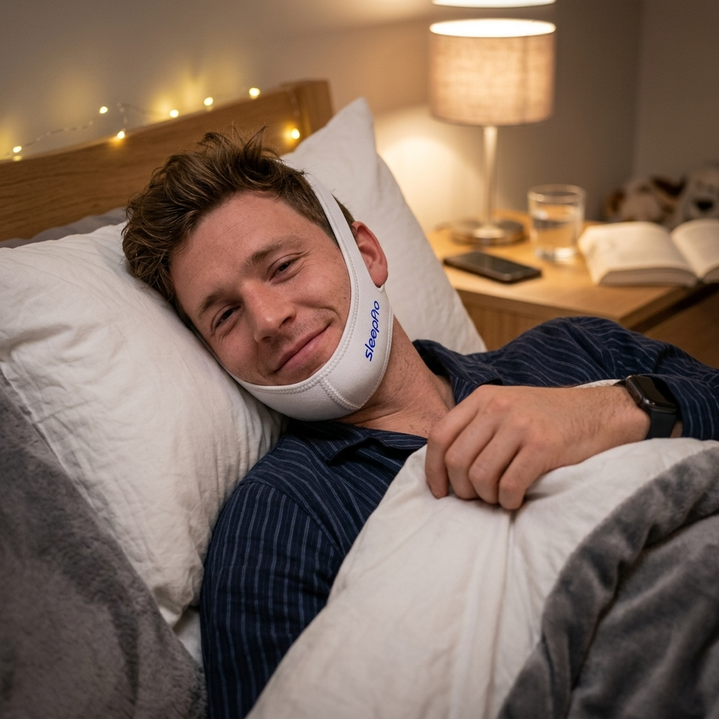 Close view of a person adjusting a soft jaw support strap in a well-lit bedroom.