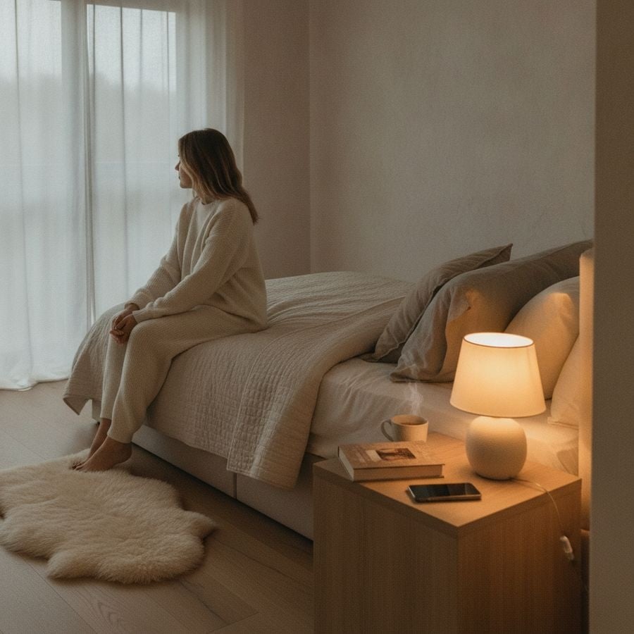 Ruhiges Schlafzimmer mit Person am Bettrand, warmem Licht, Buch und abgelegtem Smartphone.