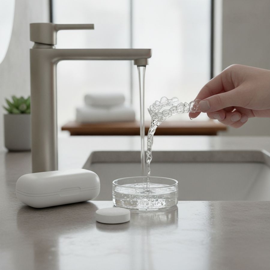 Transparente Zahnschiene wird am Waschbecken gereinigt, daneben liegen Dose und Pflegezubehör.