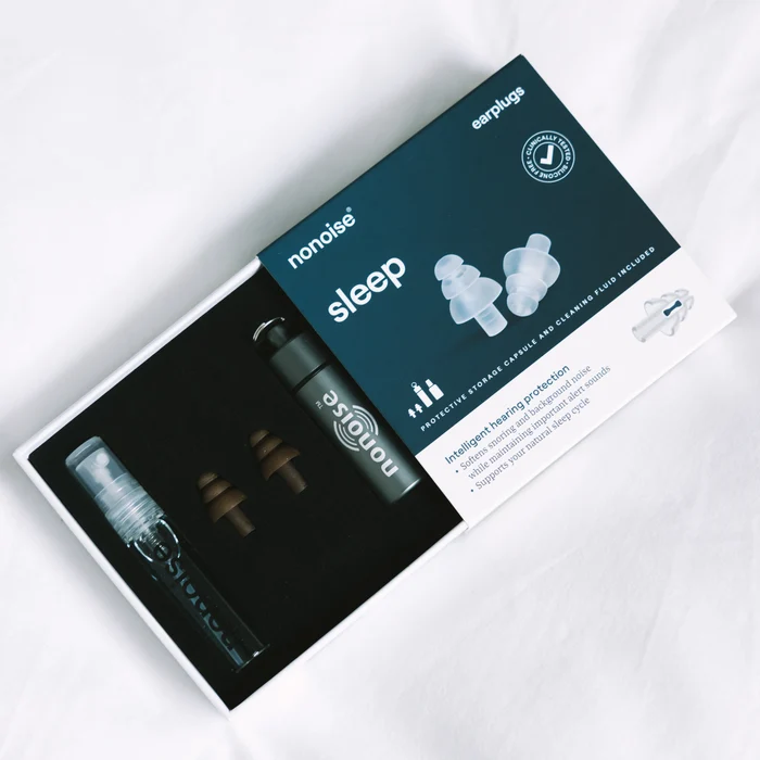 NoNoise Sleep Ohrstöpsel transparent mit Verpackung und Aufbewahrungsdose