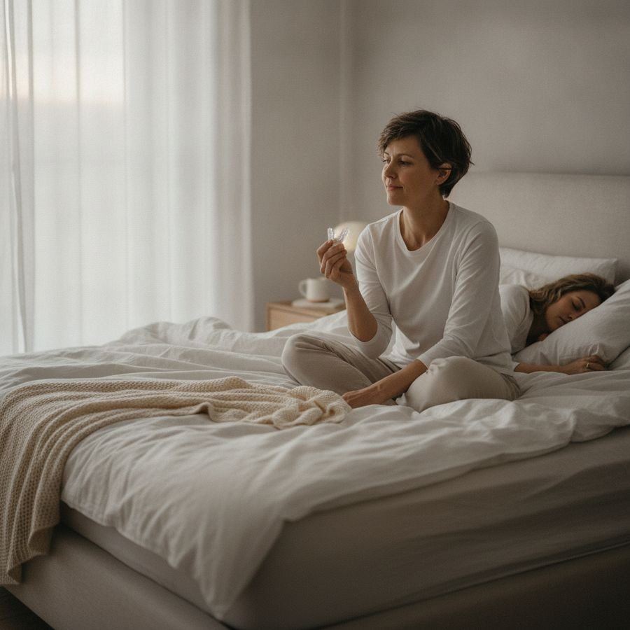 Eine Person hält eine transparente Mundschiene im hellen Schlafzimmer, während der Partner ruhig schläft.