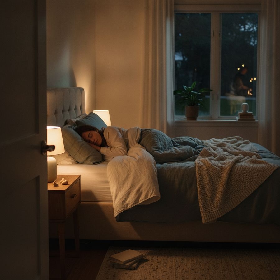 Person sleeping on their side in a softly lit bedroom with earplugs on the bedside table.