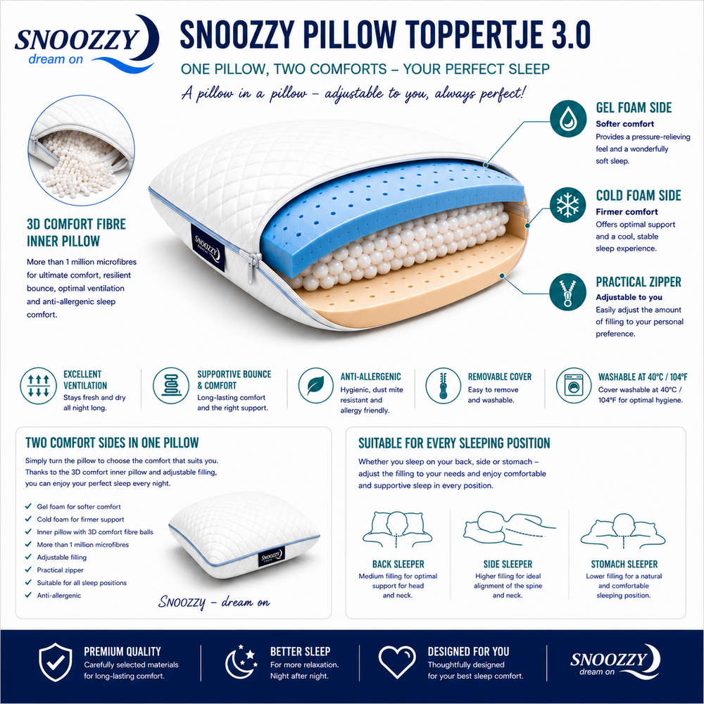 Snoozzy Pillow Toppertje 3.0 – adjustable pillow with a soft and firm side Snoozzy Pillow Toppertje 3.0 – adjustable pillow with a soft and firm side