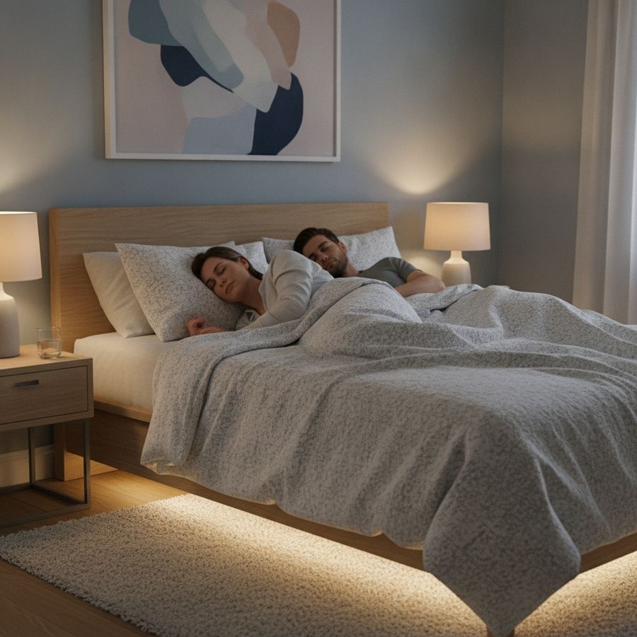 Zwei Erwachsene schlafen ruhig in einem hellen Schlafzimmer, eine Person liegt entspannt auf der Seite.