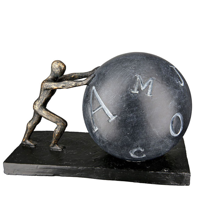 Figuur 'Pushing Letters into Words', polyresin, antique bronze finish, L25cm