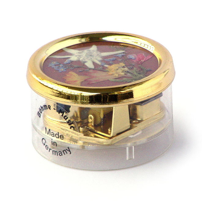 Muziekdoosje rond met gedroogde Edelweiss, rood, Mel: Edelweiss