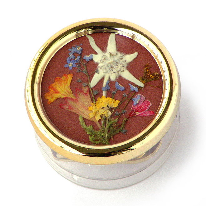 Muziekdoosje rond met gedroogde Edelweiss, rood, Mel: Edelweiss