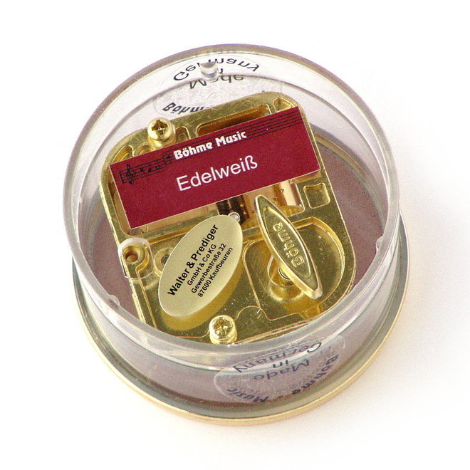 Muziekdoosje rond met gedroogde Edelweiss, rood, Mel: Edelweiss