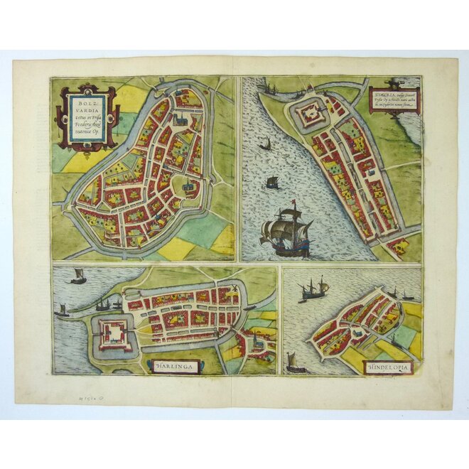 Collectie Gouldmaps - Bolsward, Harlingen, Stavoren, Hindelopen; G. Braun & F. Hogenberg - Bolzvardia (..) / Stavria (..) / Harlinga / Hindelopia - 1588-1617