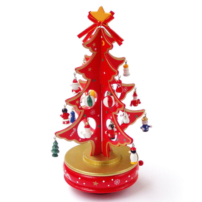 Houten Kerstboom met hangertjes, 4 laags rood