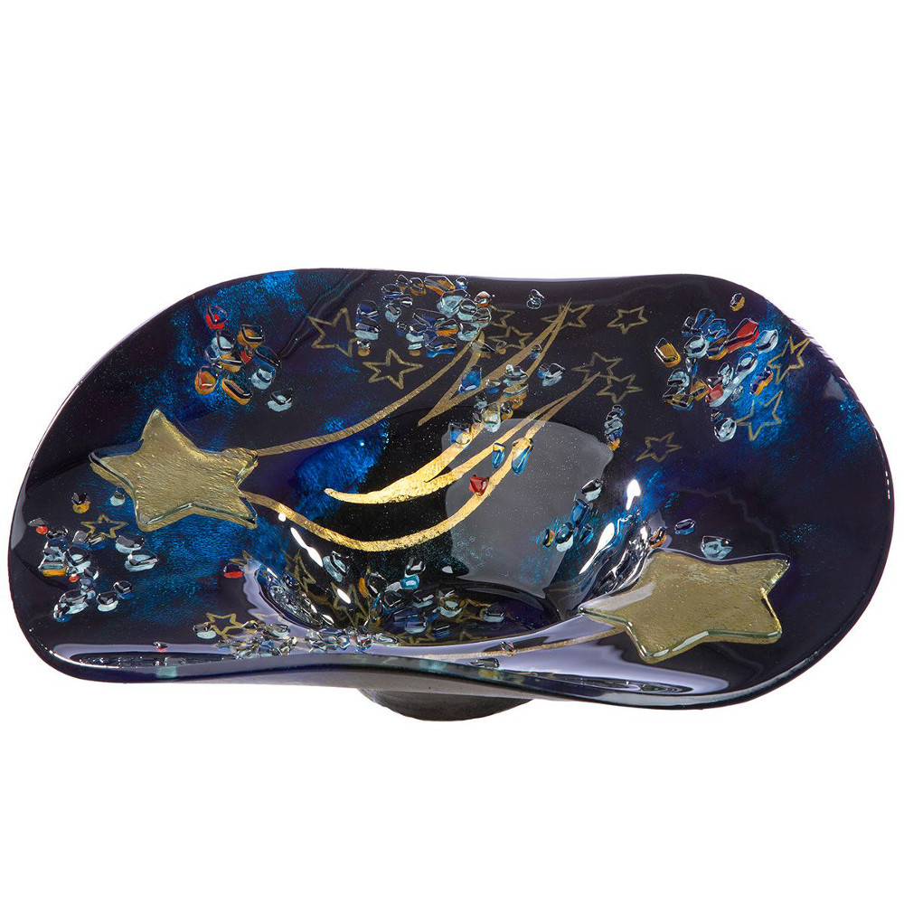 GILDE GLAS art Decoratieve schaal van glas, handbeschilderd, meerkleurig met opgezette glasstenen, cadeau voor vrouwen, decoratie, woonkamer, 55 x 28 cm
