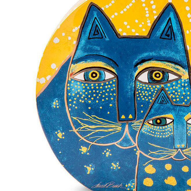 Laurel Burch Vaas, "Fantastic Felines", Ceramics, blue, yellow, gold