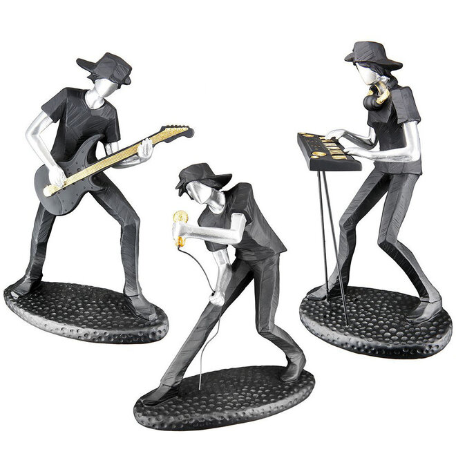 Beelden set 'Rockband', polyresin 3-delig, zwart goud zilver, H23cm