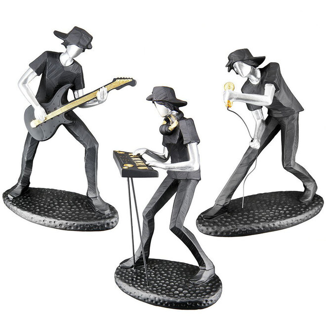 Beelden set 'Rockband', polyresin 3-delig, zwart goud zilver, H23cm