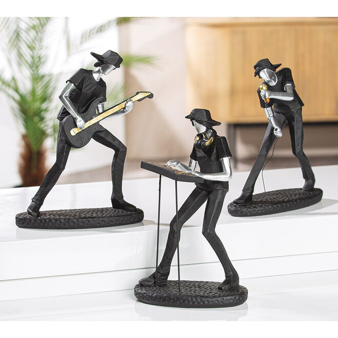 Beelden set 'Rockband', polyresin 3-delig, zwart goud zilver, H23cm