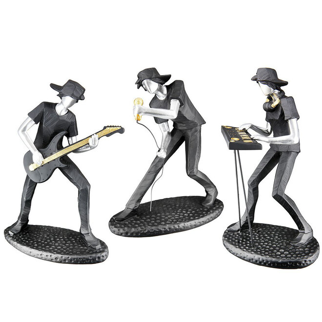 Beelden set 'Rockband', polyresin 3-delig, zwart goud zilver, H23cm