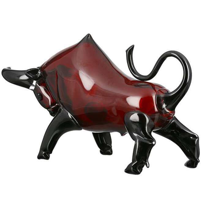 Glassculptuur 'Bull', donkerrood zwart, Stier 48cm groot
