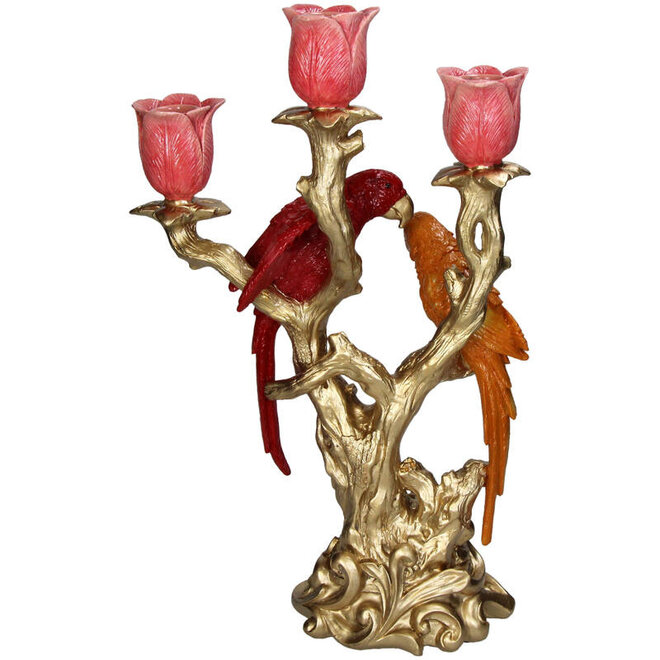 Decoratieve Kandelaar Papegaaien met Tulpen, polyresin, H38cm