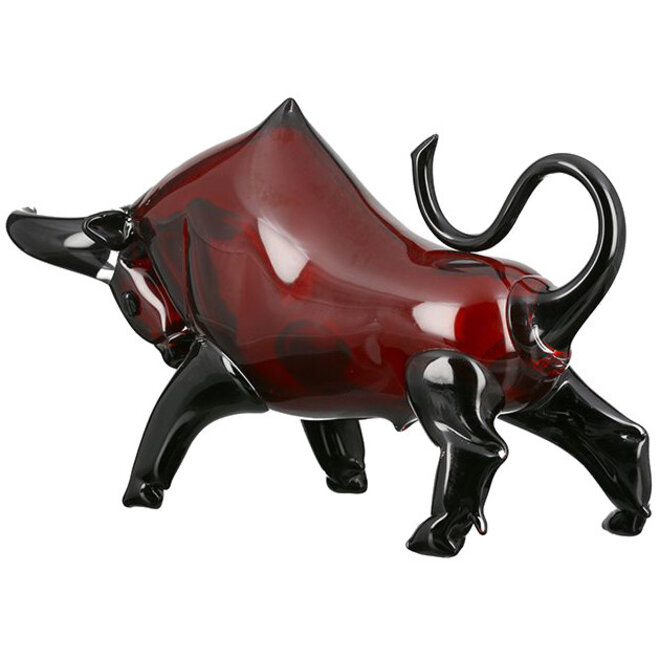 Glassculptuur 'Bull', donkerrood zwart, Stier 48cm groot