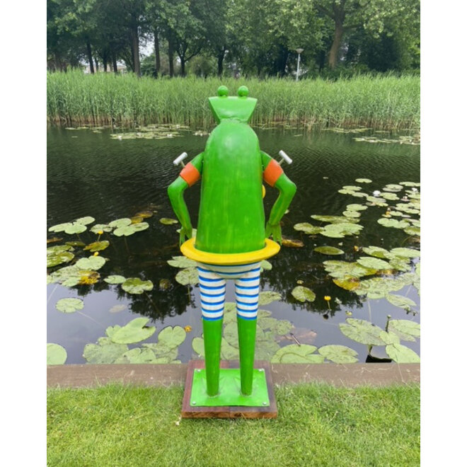 Grote Metalen Kikker met zwemband gele eend, in- & outdoor, H125cm